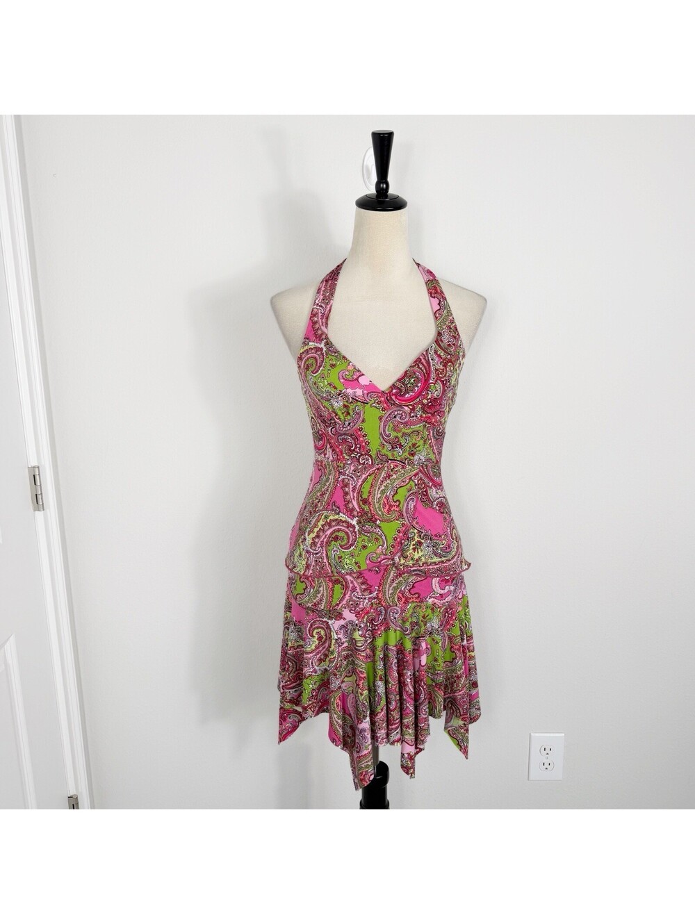 Vintage Y2K Trixxi Pink Green Paisley 2 Piece Halter Top Skirt Set Grunge Small